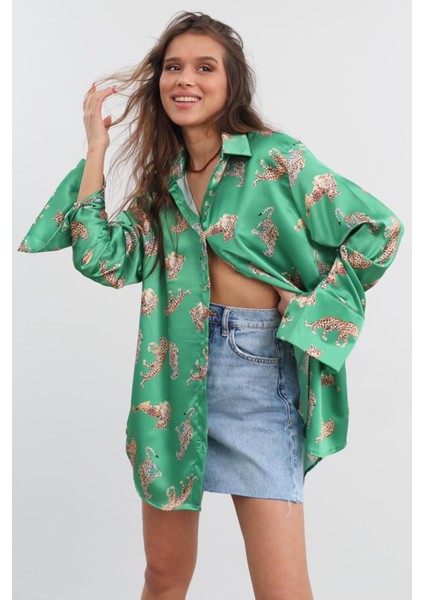 Mad Girls Leoparlı Yeşil Saten Gömlek MG187