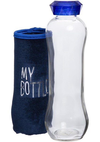 Kadife Mavi Kılıflı Kristal Kapak Matara 600 ml
