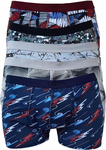 Erkek Desenli Likralı Pamuklu Boxer 5li Paket