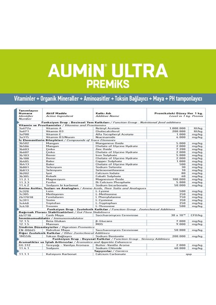 Aumın Ultra 25 Kg - Vitaminler+Organik Mineraller+Aminoasitler+Toksin Bağlayıcı+Maya+Ph Tamponlayıcı indirimleri