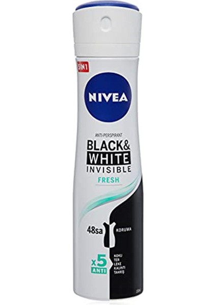 Nıvea Kadın Sprey Deodorant Black&White Invisible Fresh, 48 Saat Anti-Perspirant Koruma,150ml