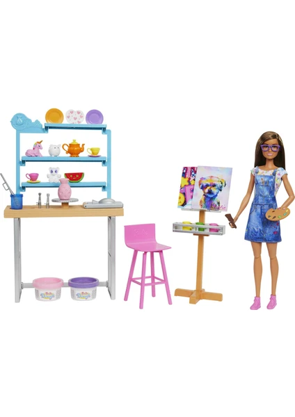 Barbie'Nin Sanat Atölyesi; Barbie Bebek (29 Cm); Çömlek Yapımı Ve Resim Sanatı İçin 25'Ten Fazla Aksesuar; Oyun Hamuru; Vazo Kalıbı; Tuvaller Ve Daha Fazlası; 3-7 Yaş Arası Hcm85