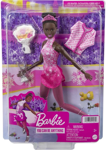 Barbie® Buz Pateni Sporcusu Bebek (30 cm), pembe elbiseli, ceket, gül buketi ve ödül, 3 yaş ve üzeri HCN31