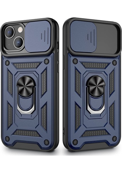 Apple iPhone 13 Kılıf Sert Silikon Tank Aramid Sürgülü Vega Yüzüklü Lacivert