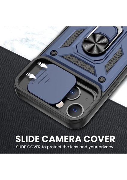 Apple iPhone 13 Kılıf Sert Silikon Tank Aramid Sürgülü Vega Yüzüklü Lacivert modelleri