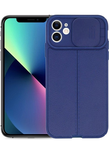 Apple iPhone 11 Kılıf Kamera Sürgülü Deri Dokulu Mat Silikon Lacivert