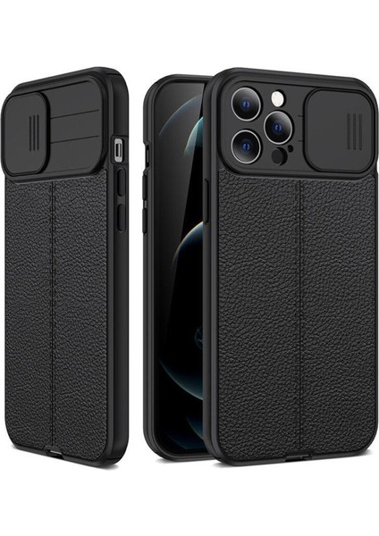 Apple iPhone 13 Pro Max Kılıf Kamera Sürgülü Deri Dokulu Mat Silikon Siyah