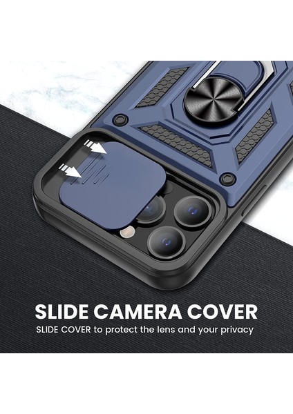 Apple iPhone 13 Pro Kılıf Sert Silikon Tank Aramid Sürgülü Vega Yüzüklü Lacivert modelleri