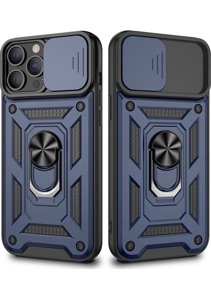 Apple iPhone 13 Pro Max Kılıf Sert Silikon Tank Aramid Sürgülü Vega Yüzüklü Lacivert
