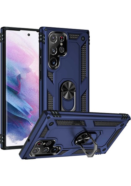 Samsung Galaxy S22 Ultra Kılıf Vega Sert Silikon Tank Standlı Yüzüklü Mıknatıslı Lacivert