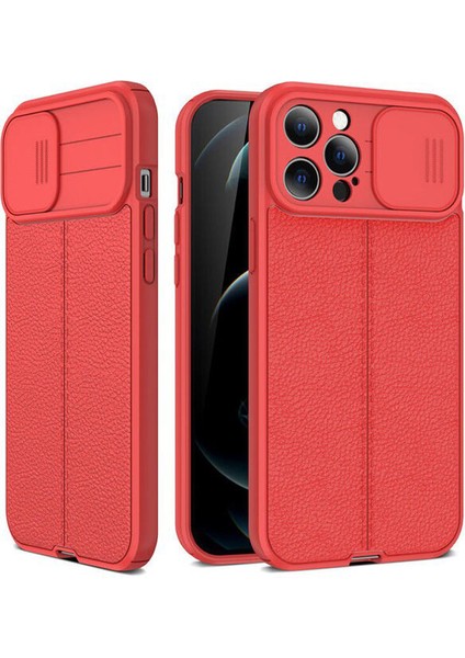 Apple iPhone 12 Pro Kılıf Kamera Sürgülü Deri Dokulu Mat Silikon Kırmızı