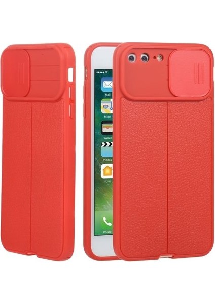 Casestreet Apple iPhone 7 Plus Kılıf Kamera Sürgülü Deri Dokulu Mat Silikon Kırmızı