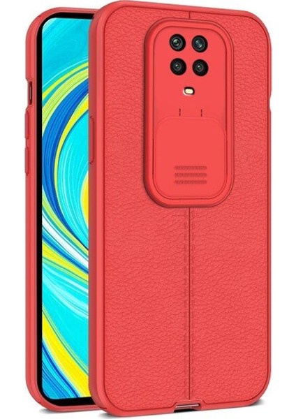 Casestreet Xiaomi Redmi Note 9 Pro Kılıf Kamera Sürgülü Deri Dokulu Mat Silikon Kırmızı