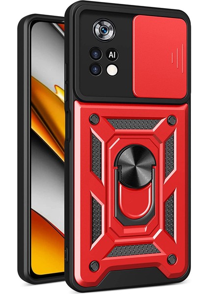 Casestreet Xiaomi Poco X4 Pro 5g Kılıf Sert Silikon Tank Aramid Sürgülü Vega Yüzüklü Kırmızı