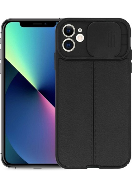 Apple iPhone 12 Kılıf Kamera Sürgülü Deri Dokulu Mat Silikon Siyah