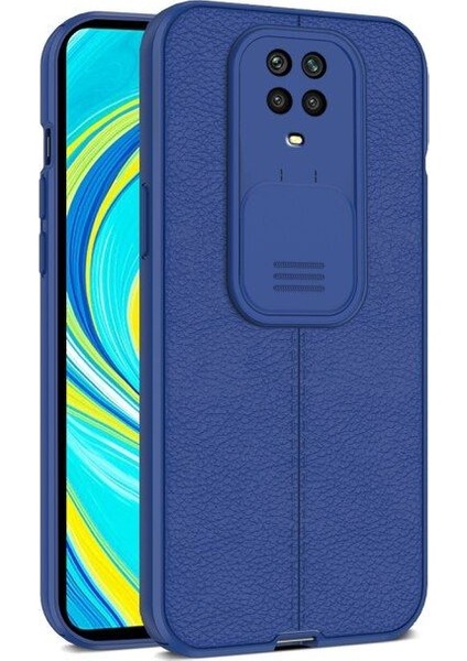 Xiaomi Redmi Note 9 Pro Kılıf Kamera Sürgülü Deri Dokulu Mat Silikon Lacivert