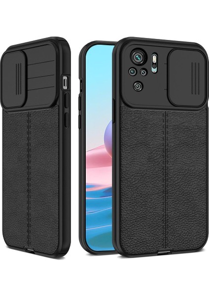 Xiaomi Redmi Note 10 Kılıf Kamera Sürgülü Deri Dokulu Mat Silikon Siyah