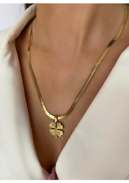 Mel's Accessoriess Altın Çelik Italyan Zincirli Yonca-Şans Kolye Model(Ürün Ölçüsü 45 Cm)