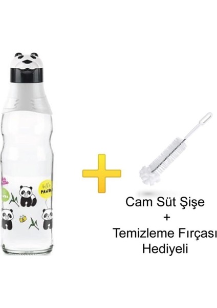 Panda Desenli Cam Şişe 1 Lt Şişe Temizleme Fırçası Hediye