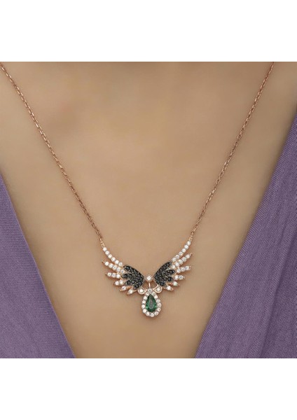 Melek Kanadı Motifli Rose Gümüş Bayan Kolye