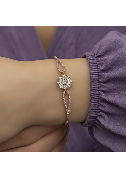 Baget Taşlı Çiçek Motifli Rose Gümüş Bayan Bileklik