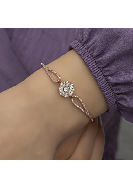 Baget Taşlı Çiçek Motifli Rose Gümüş Bayan Bileklik modelleri
