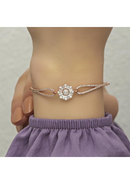 Baget Taşlı Çiçek Motifli Rose Gümüş Bayan Bileklik fırsatları