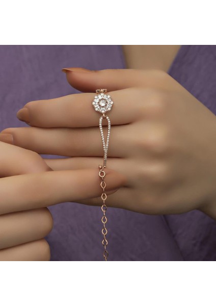 Baget Taşlı Çiçek Motifli Rose Gümüş Bayan Bileklik indirimleri