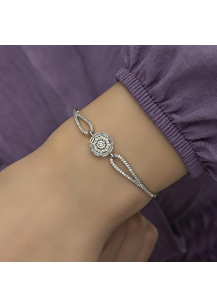 Rodyumlu Baget Zirkon Taşlı Yuvarlak Gümüş Bayan Bileklik fiyatları