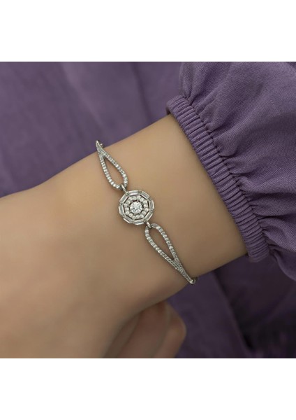Rodyumlu Baget Zirkon Taşlı Yuvarlak Gümüş Bayan Bileklik modelleri