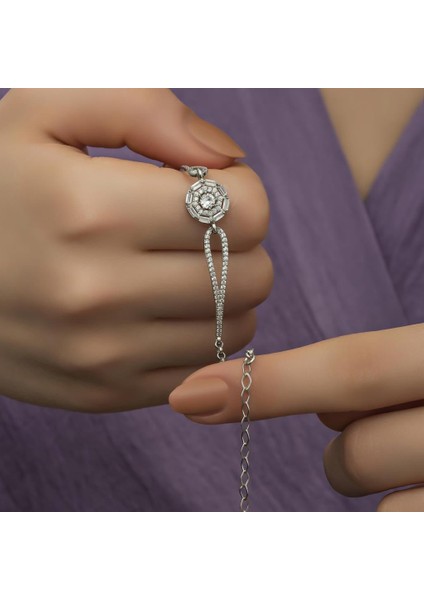 Rodyumlu Baget Zirkon Taşlı Yuvarlak Gümüş Bayan Bileklik indirimleri