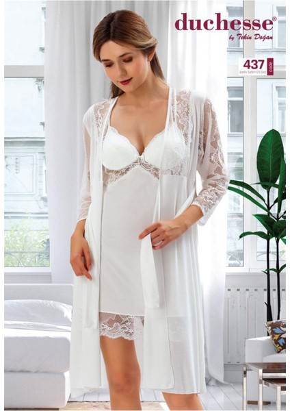 437 Çeyizlik Dantelli Saten 6'lı Set -Ekru