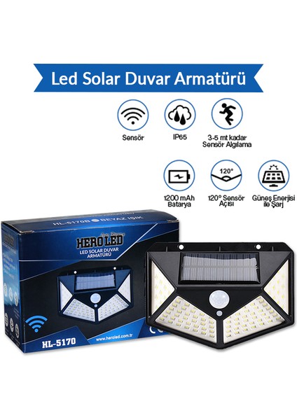 Hero Led Güneş Enerjili Dış Mekan Solar Duvar Armatürü Beyaz Işık