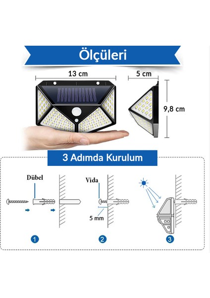 Hero Led Güneş Enerjili Dış Mekan Solar Duvar Armatürü Beyaz Işık