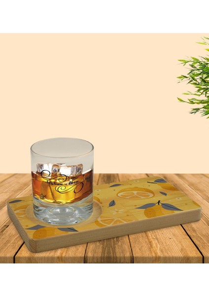 Kişiye Özel Limon Tasarımlı Doğal Ahşap Tabaklı Viski Bardağı Sunum Seti Model 2