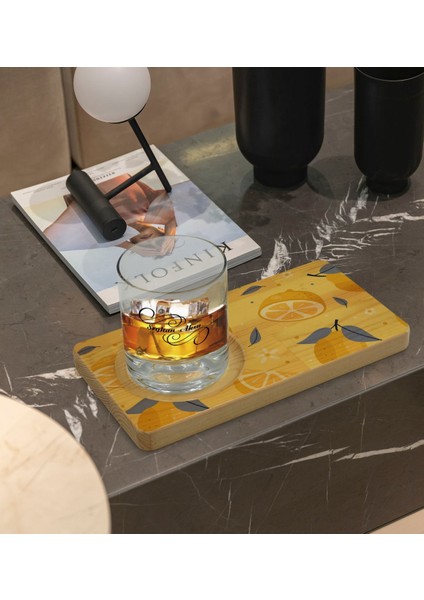 Kişiye Özel Limon Tasarımlı Doğal Ahşap Tabaklı Viski Bardağı Sunum Seti Model 2 fiyatları
