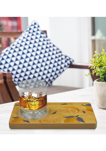 Kişiye Özel Limon Tasarımlı Doğal Ahşap Tabaklı Viski Bardağı Sunum Seti Model 2 modelleri