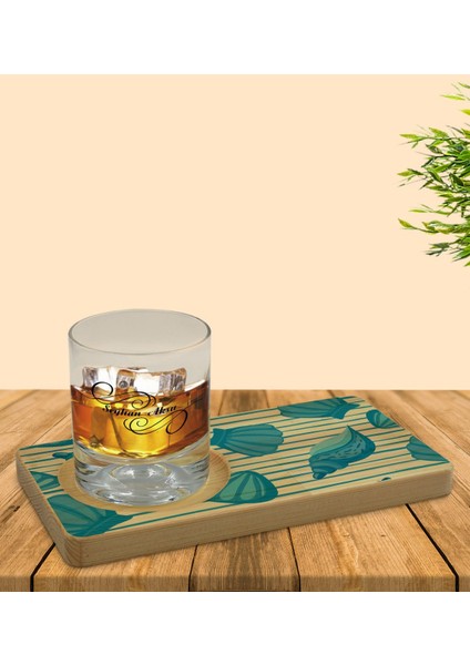 Kişiye Özel Deniz Kabukları Tasarımlı Doğal Ahşap Tabaklı Viski Bardağı Sunum Seti Model 2