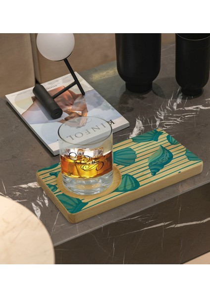Kişiye Özel Deniz Kabukları Tasarımlı Doğal Ahşap Tabaklı Viski Bardağı Sunum Seti Model 2 fiyatları