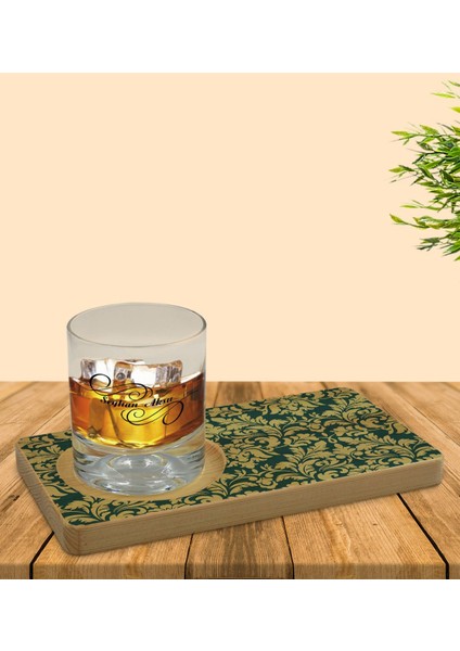 Kişiye Özel Retro Motif Tasarımlı Doğal Ahşap Tabaklı Viski Bardağı Sunum Seti Model 8