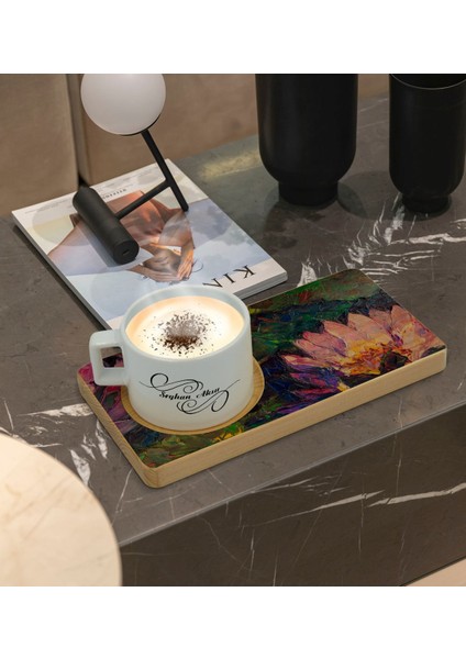 Kişiye Özel Modern Art Tasarımlı Doğal Ahşap Tabaklı Seramik Fincan Sunum Seti Model 21 fiyatları