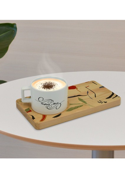 Kişiye Özel Modern Art Tasarımlı Doğal Ahşap Tabaklı Seramik Fincan Sunum Seti Model 20