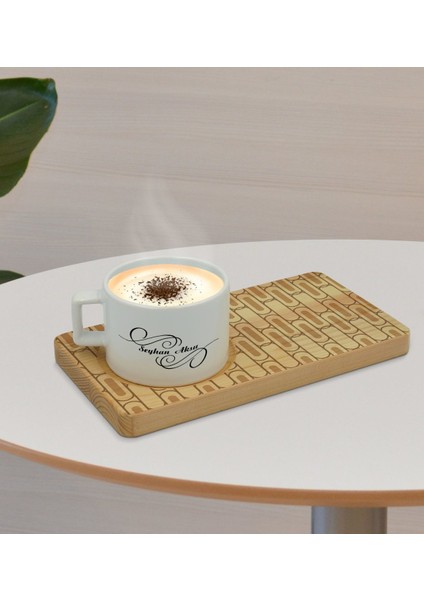 Kişiye Özel Modern Art Tasarımlı Doğal Ahşap Tabaklı Seramik Fincan Sunum Seti Model 19