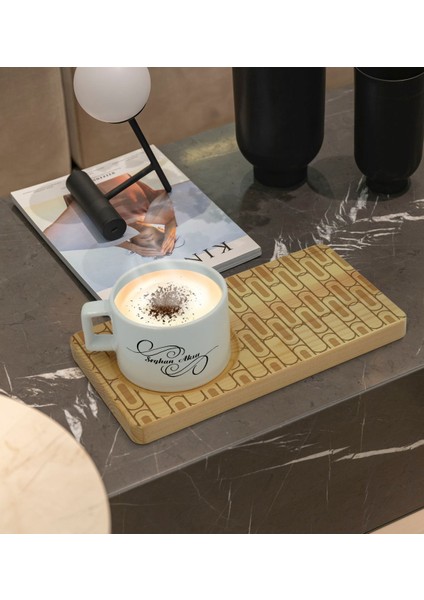 Kişiye Özel Modern Art Tasarımlı Doğal Ahşap Tabaklı Seramik Fincan Sunum Seti Model 19 fiyatları