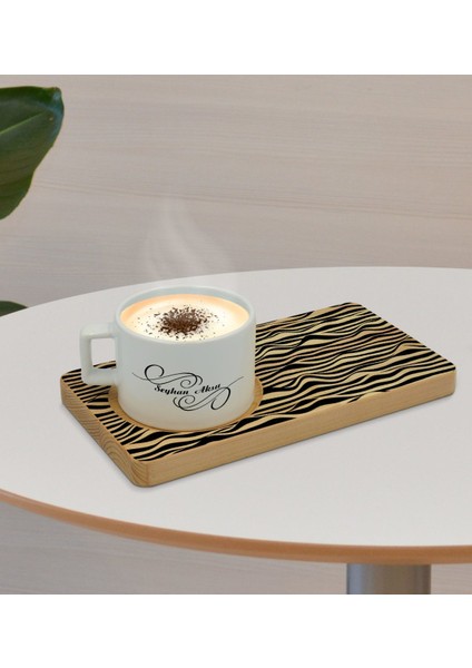 Kişiye Özel Modern Art Tasarımlı Doğal Ahşap Tabaklı Seramik Fincan Sunum Seti Model 18