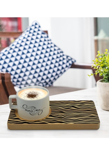 Kişiye Özel Modern Art Tasarımlı Doğal Ahşap Tabaklı Seramik Fincan Sunum Seti Model 18 modelleri
