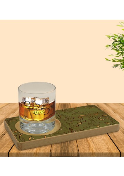 Kişiye Özel Retro Motif Tasarımlı Doğal Ahşap Tabaklı Viski Bardağı Sunum Seti Model 4