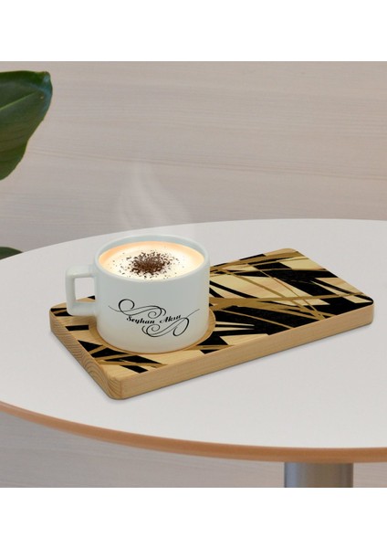 Kişiye Özel Modern Art Tasarımlı Doğal Ahşap Tabaklı Seramik Fincan Sunum Seti Model 16