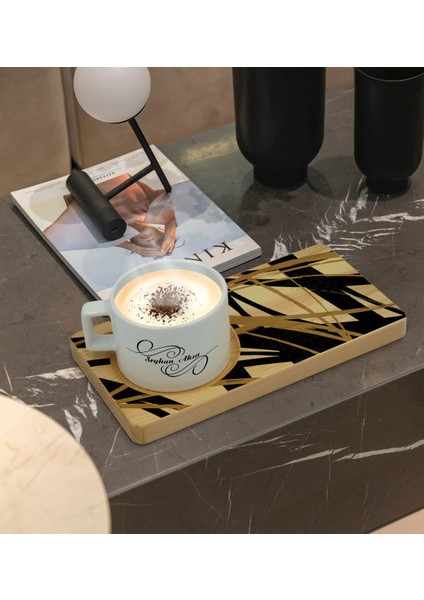 Kişiye Özel Modern Art Tasarımlı Doğal Ahşap Tabaklı Seramik Fincan Sunum Seti Model 16 fiyatları