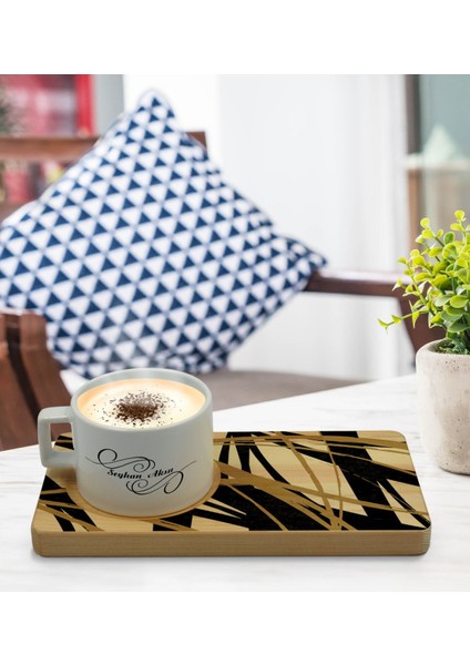 Kişiye Özel Modern Art Tasarımlı Doğal Ahşap Tabaklı Seramik Fincan Sunum Seti Model 16 modelleri